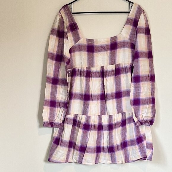 NWT BP by Nordstrom Cream + Purple Plaid Long Sleeve Square Neck Mini Dress - M - Picture 5 of 6